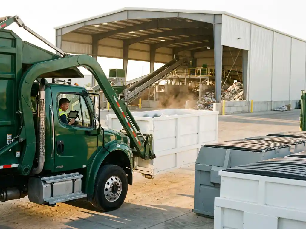 Grüner Müllwagen mit Hydraulikarm lädt Recyclingcontainer an moderner Sortieranlage, Fahrer nutzt Tablet im Führerhaus