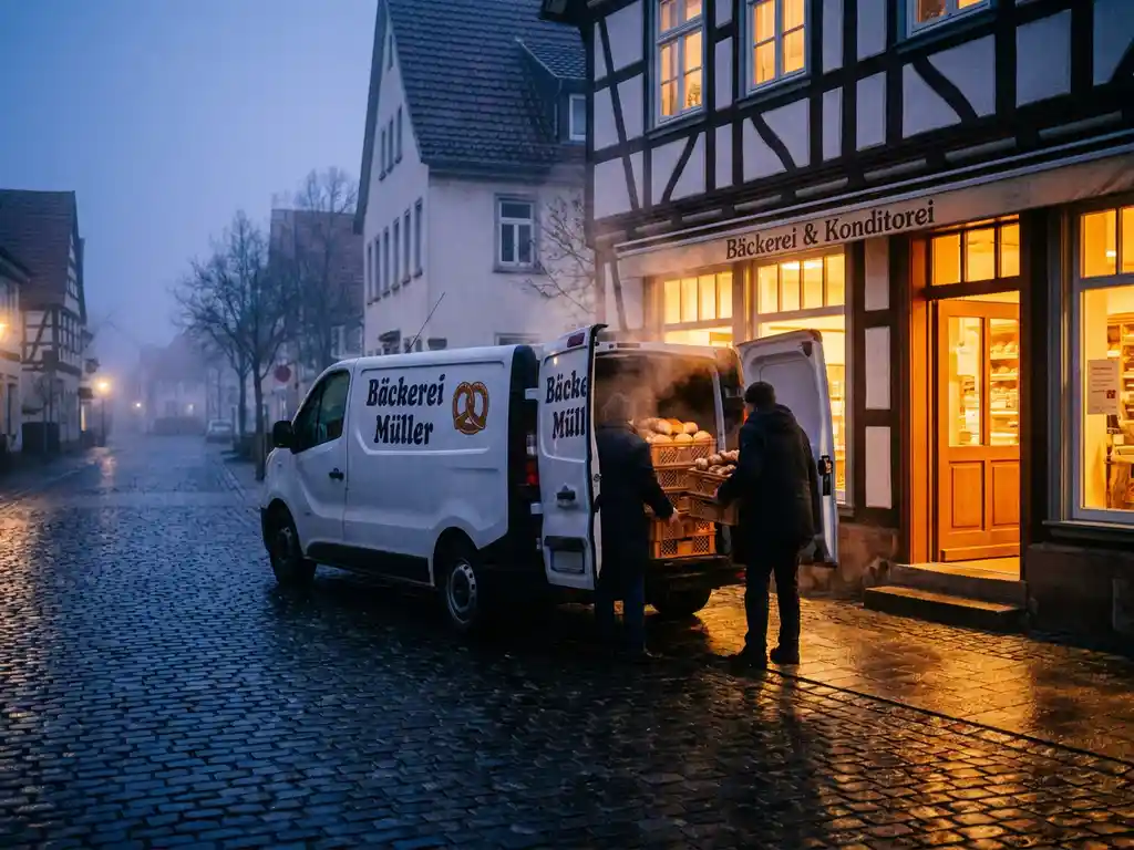 Weißer Lieferwagen wird vor traditioneller deutscher Bäckerei bei Morgendämmerung mit frischen Brotkisten beladen