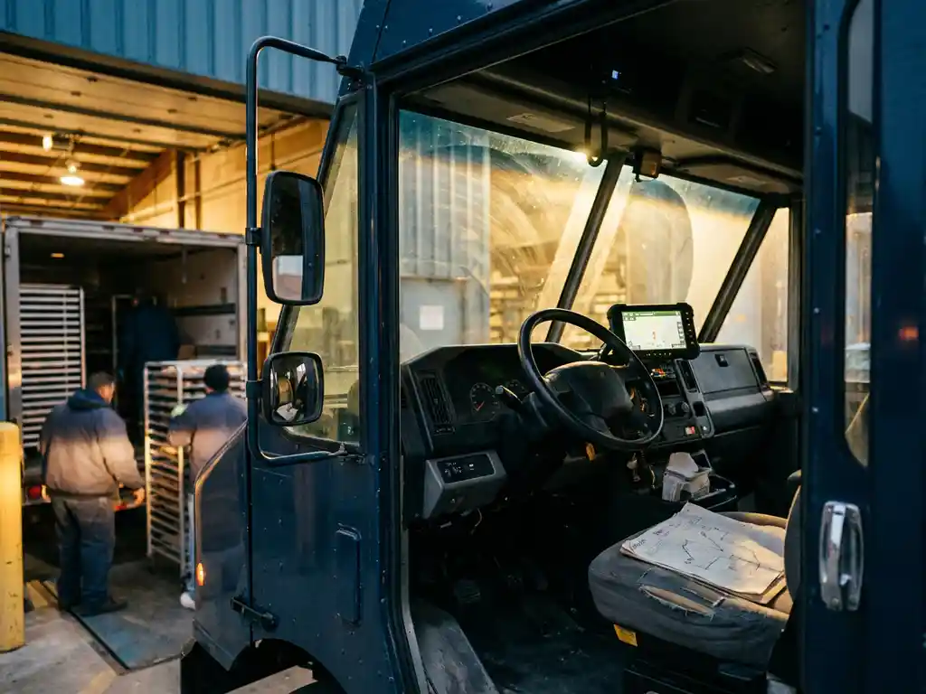 Lieferwagen an Bäckerei-Laderampe bei Morgendämmerung, Flottentelematik-Tablet im Armaturenbrett, Lieferschein mit GPS-Route auf dem Beifahrersitz.