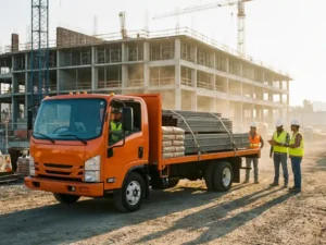 Orangener Baustellenlastwagen mit Stahlträgern und Betonsäcken, Fahrer mit Tablet, Bauarbeiter in Schutzhelmen warten am Morgen