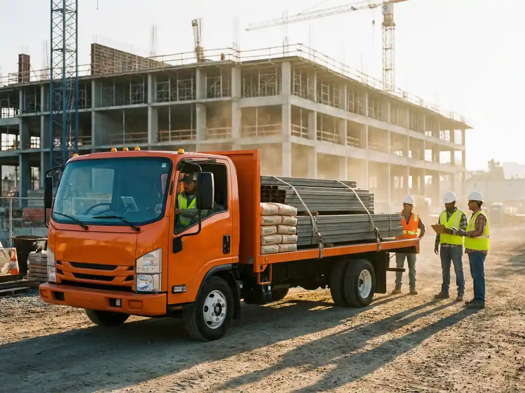 Orangener Baustellenlastwagen mit Stahlträgern und Betonsäcken, Fahrer mit Tablet, Bauarbeiter in Schutzhelmen warten am Morgen