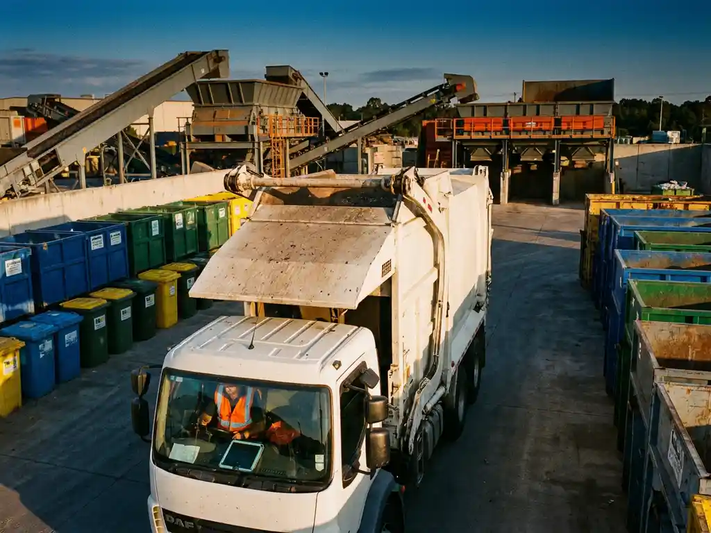 Weißer Müllwagen mit Hydraulikarm navigiert zwischen bunten Recycling-Containern im Wertstoffhof, Fahrer mit Tablet sichtbar