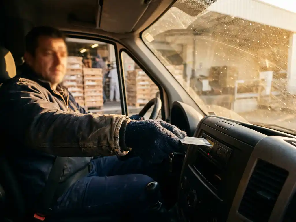 Lkw-Fahrer steckt Tachographenkarte in das Dashboard-Lesegerät, warmes Morgenlicht im Führerhaus einer Bäckerei-Laderampe.