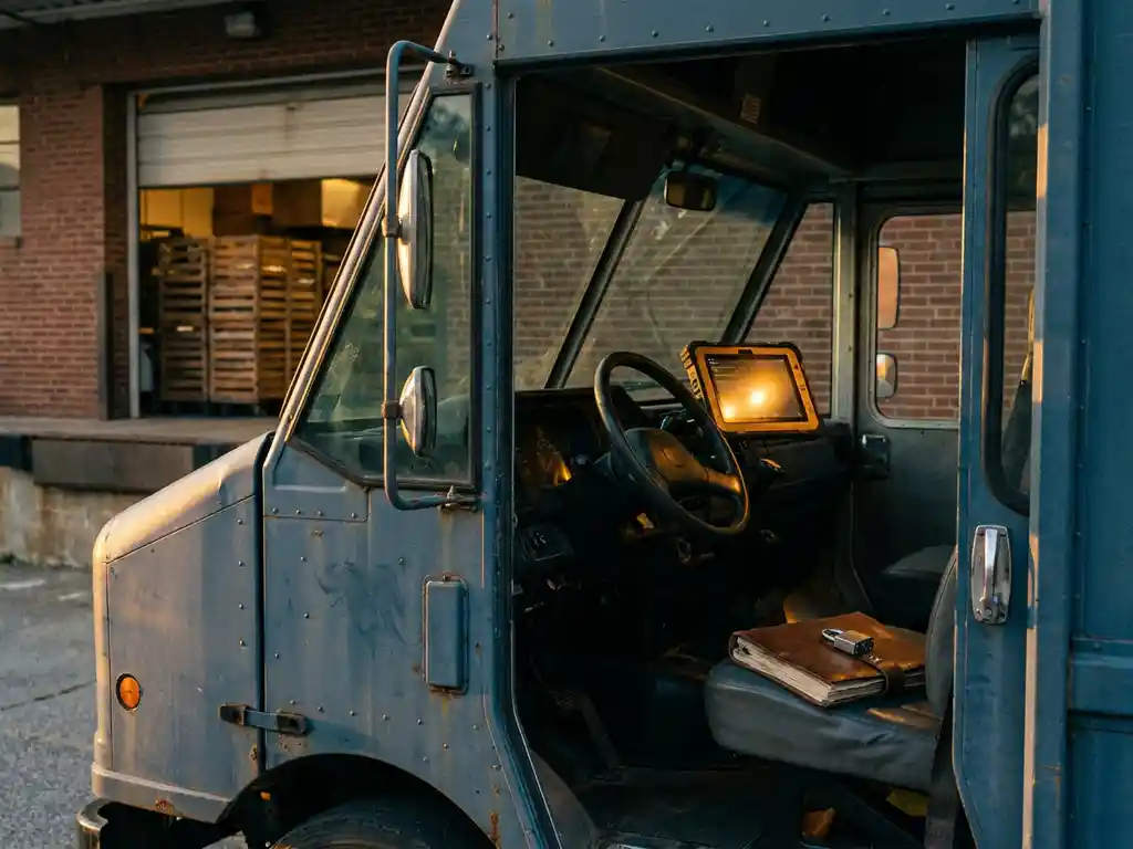 Lieferwagen an Bäckerei-Laderampe bei Morgendämmerung mit leuchtendem Flottentelematik-Tablet und Vorhängeschloss auf Lederlogbuch im Fahrerhaus.