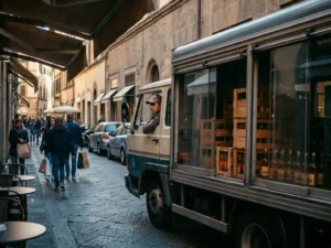 Getränke-Lieferwagen mit Glasflaschen navigiert durch enge Stadtstraße zwischen Restaurants und geparkten Autos