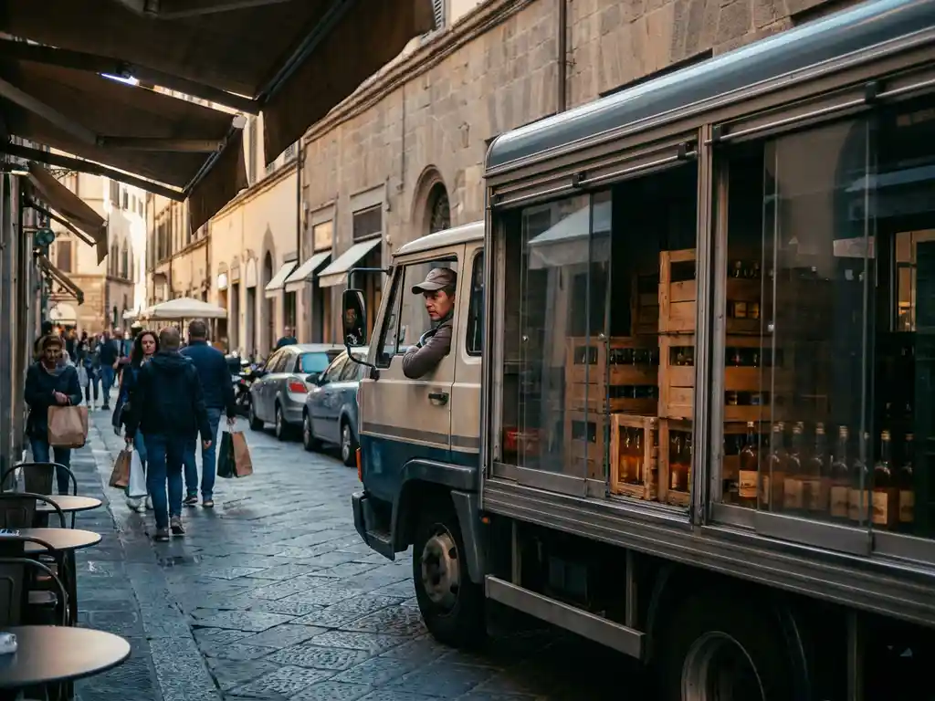Getränke-Lieferwagen mit Glasflaschen navigiert durch enge Stadtstraße zwischen Restaurants und geparkten Autos