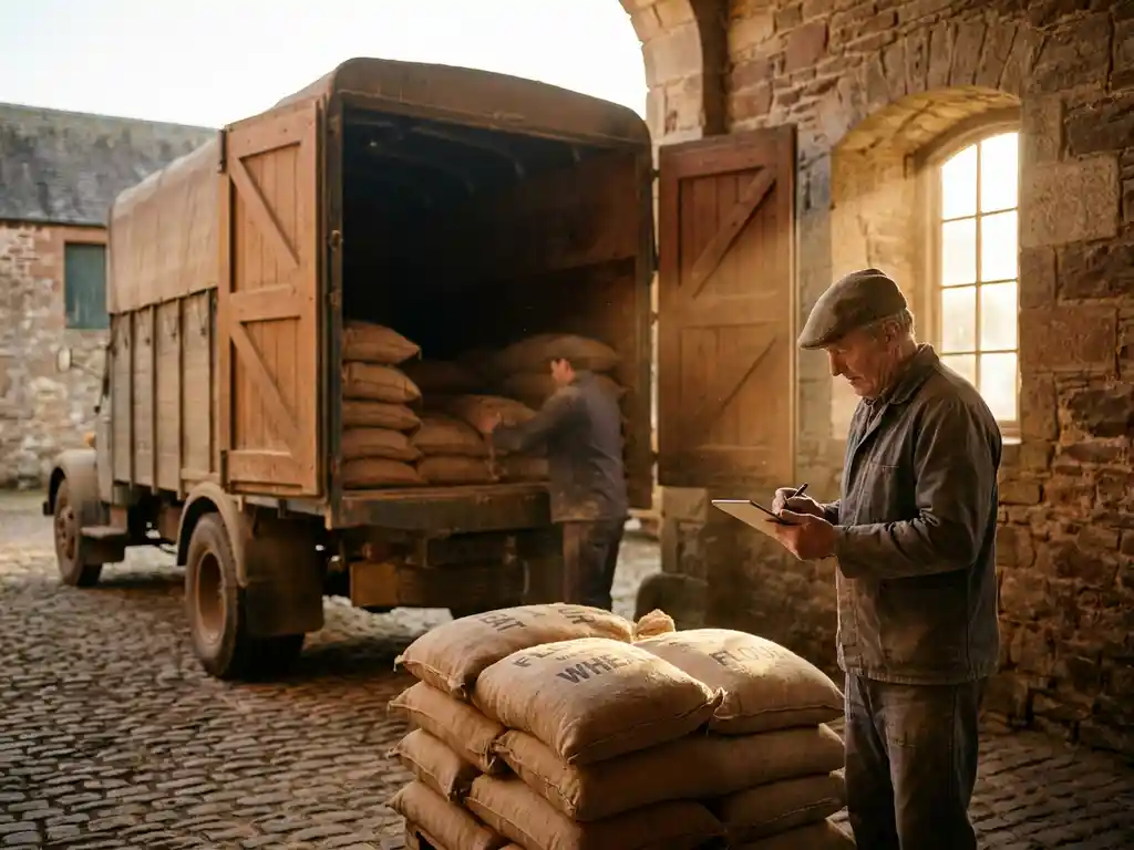 Getreide-Lieferwagen mit geöffneten Türen vor traditioneller Steinmühle, Müller prüft Lieferdokumente auf Tablet