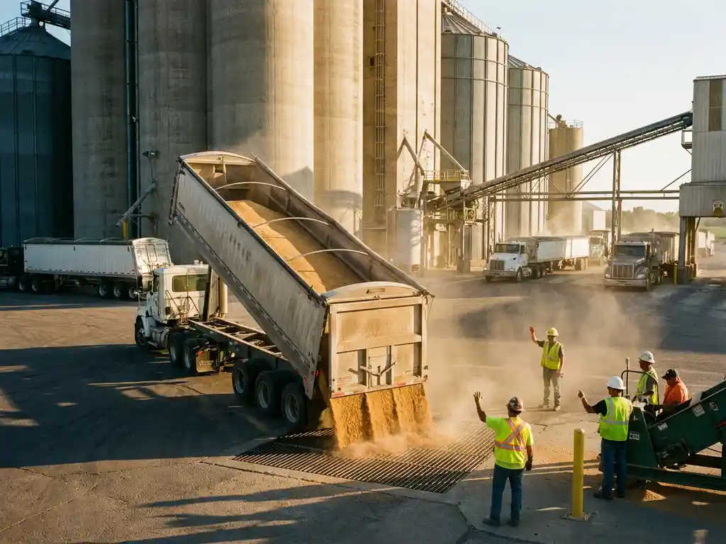Getreidetransporter entlädt Weizen an Mühlenanlage während Erntezeit, Arbeiter koordinieren Lieferungen, Silos im Hintergrund