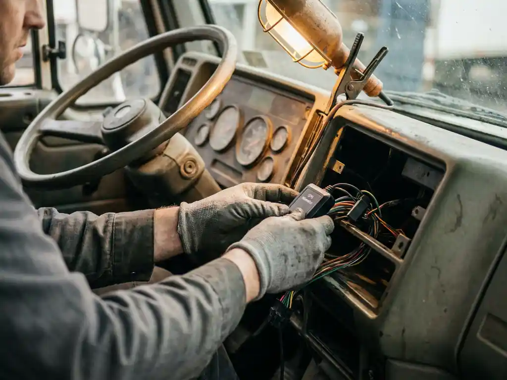 Mechaniker installiert GPS-Telematikgerät hinter dem Armaturenbrett eines älteren Lkw, Verkabelung und verwittertes Lenkrad sichtbar.