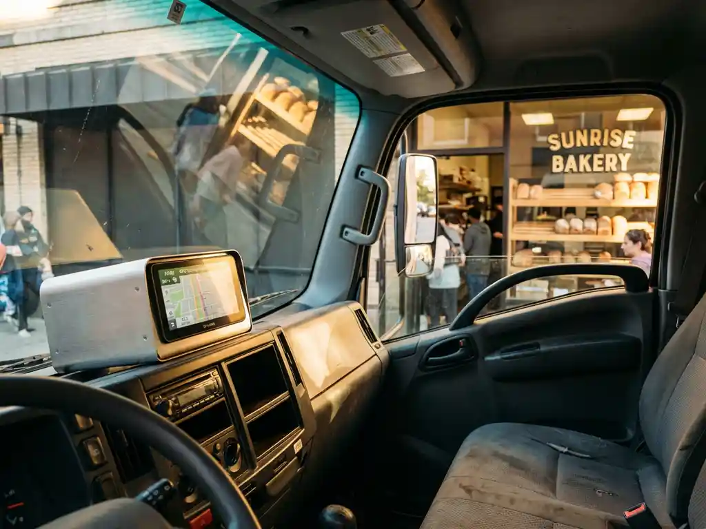 GPS-Tracker im Armaturenbrett eines Lieferfahrzeugs vor einer Bäckerei mit Morgenlicht durch die Windschutzscheibe
