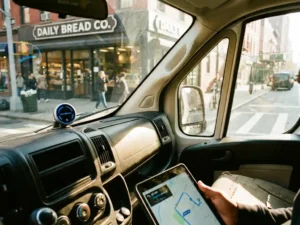 Lieferwagen mit GPS-Tracker auf Armaturenbrett, Fahrer prüft Tablet mit Standortdaten vor Bäckerei