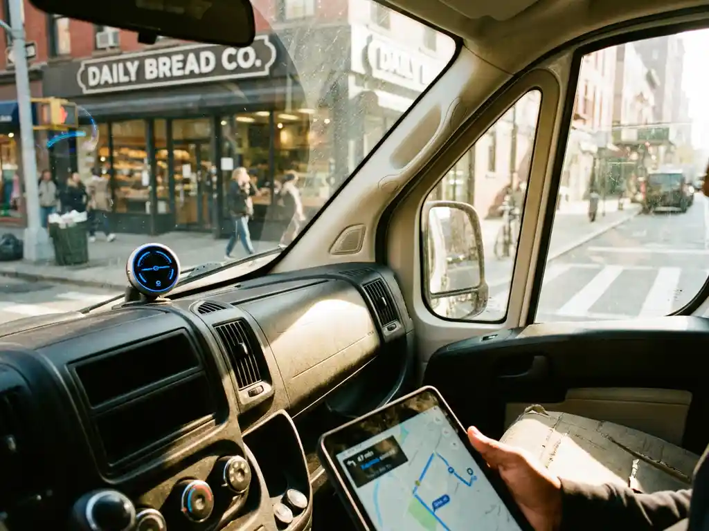 Lieferwagen mit GPS-Tracker auf Armaturenbrett, Fahrer prüft Tablet mit Standortdaten vor Bäckerei