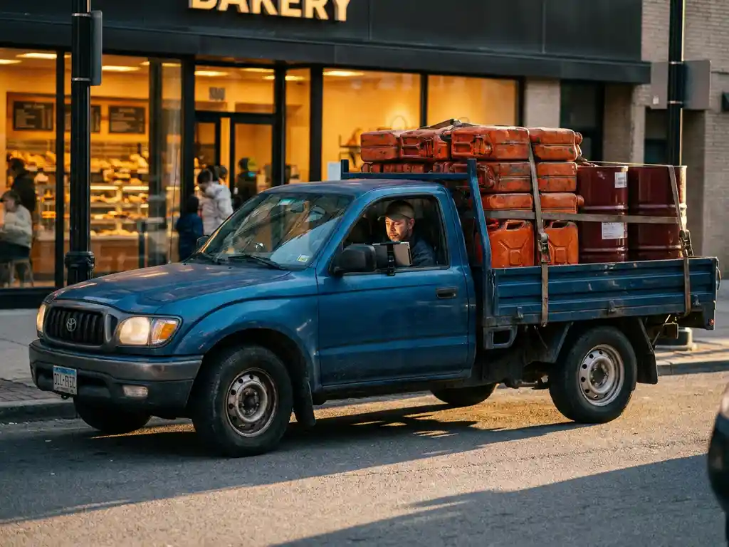 Lieferwagen mit Brennstoffbehältern und Heizölfässern vor moderner Bäckerei, Fahrer nutzt Tablet im Fahrerhaus