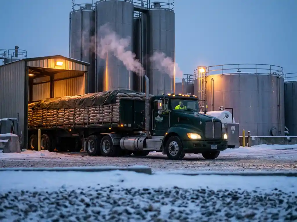 Lieferwagen mit gestapelten Holzpellet-Säcken fährt durch schneebedecktes Brennstofflager zwischen Silos und Tanks