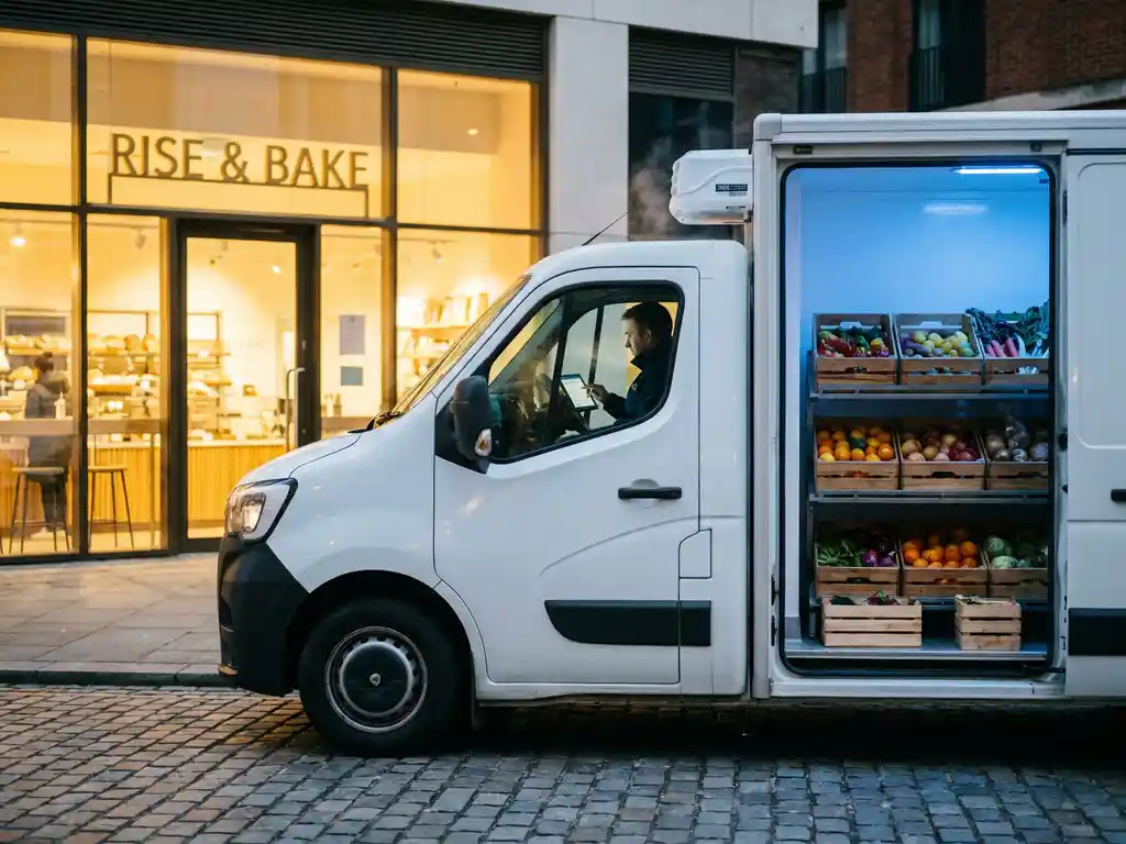 Weißer Kühllieferwagen mit geöffneten Hecktüren zeigt temperaturkontrollierten Laderaum voller Obst- und Gemüsekisten vor moderner Bäckerei