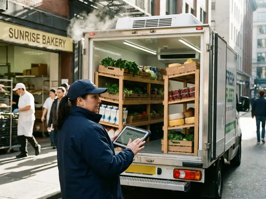 Kühlwagen-Fahrer überprüft Temperatur auf Tablet neben geöffnetem Lieferwagen mit frischen Lebensmitteln vor Bäckerei