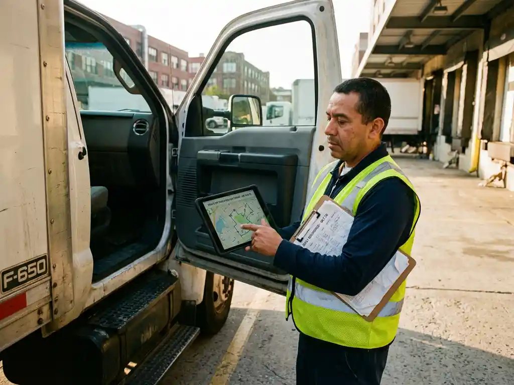 Lieferwagenfahrer in Warnweste mit Tablet für Routenoptimierung neben geöffnetem Fahrerhaus im Logistikdepot