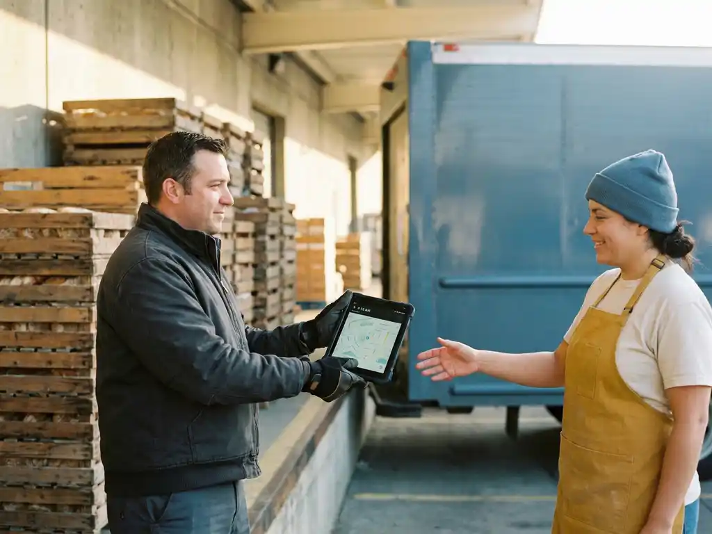 Lieferfahrer übergibt digitales Proof-of-Delivery-Tablet an Bäckereibeschäftigte an der Laderampe im Morgenlicht.