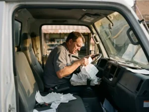 Lieferwagenfahrer durchsucht gestresst handgeschriebene Lieferpapiere im Führerhaus, Dokumente verstreut auf Armaturenbrett