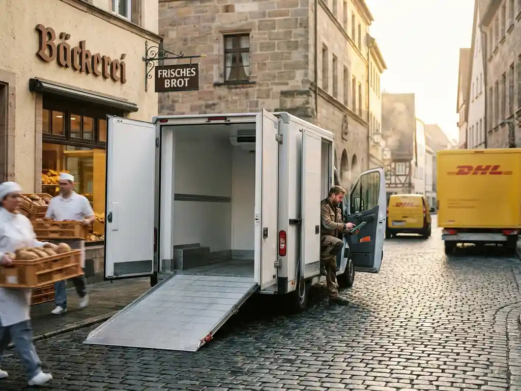 Weißer Kühl-Lieferwagen vor deutscher Bäckerei, Fahrer mit Tablet lädt Brotkisten bei goldenem Morgenlicht auf Kopfsteinpflaster