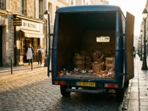 Lieferwagen mit Brotkörben vor kleiner Nachbarschaftsbäckerei im Morgengrauen, verwelkte Backwaren auf Ladefläche