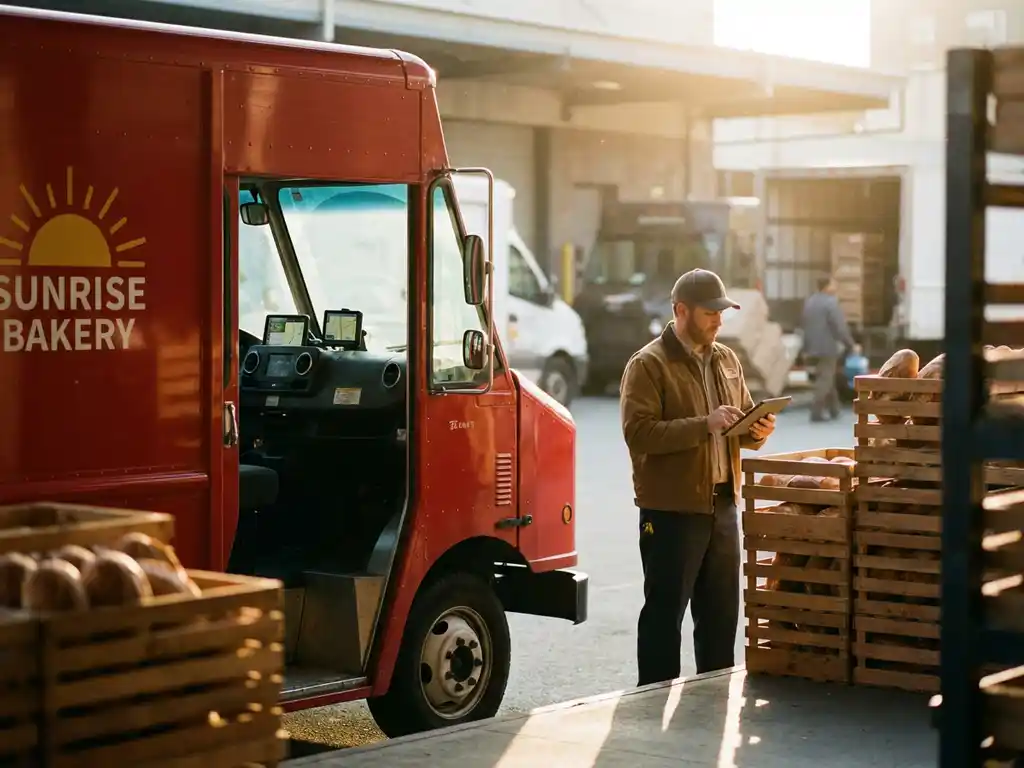 Roter Lieferwagen an Bäckerei-Laderampe, Fahrer mit Tablet neben Brotkisten, andere Fahrzeuge im Hintergrund