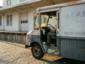 Verwitterter Lieferwagen an einer Bäckerei-Laderampe, Fahrer prüft Klemmbrett mit Kraftstoff- und Kilometerbelegen im Morgenlicht.
