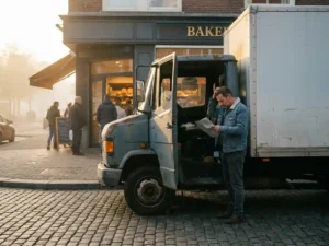 Lieferfahrer steht unsicher neben einem Lkw vor einer Bäckerei im Morgengrauen, kein Navigationsgerät sichtbar.