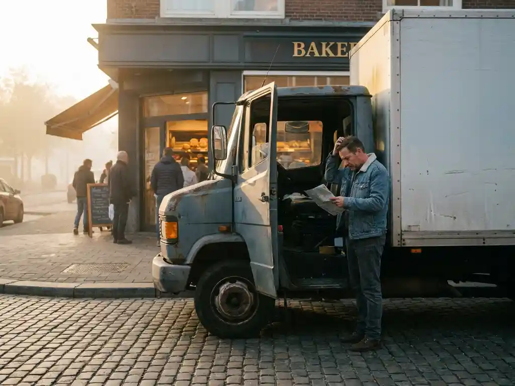 Lieferfahrer steht unsicher neben einem Lkw vor einer Bäckerei im Morgengrauen, kein Navigationsgerät sichtbar.