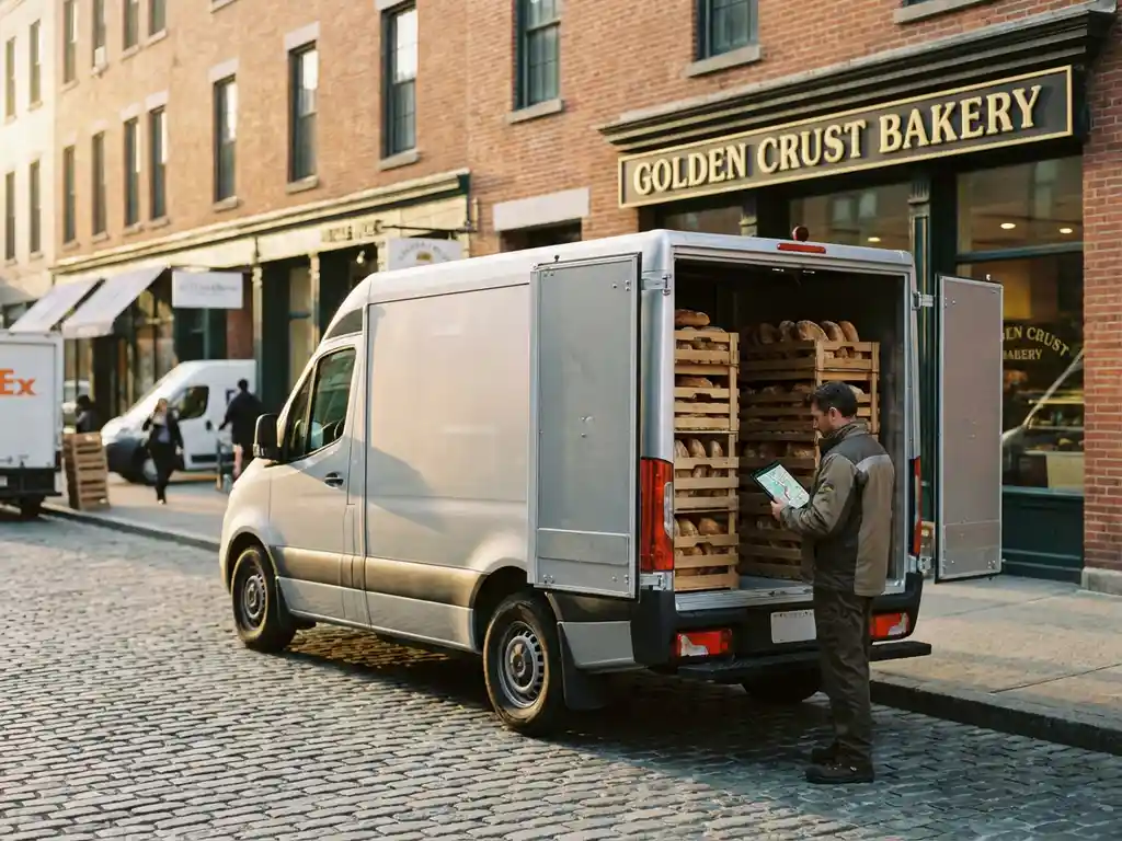 Lieferfahrer mit Tablet prüft Routenoptimierung beim Entladen von Brotkisten vor Bäckerei bei goldenem Sonnenlicht