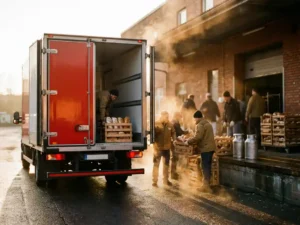 Roter Kühlwagen lädt frische Brotkisten und Milchbehälter an Bäckerei-Laderampe bei Morgenlicht