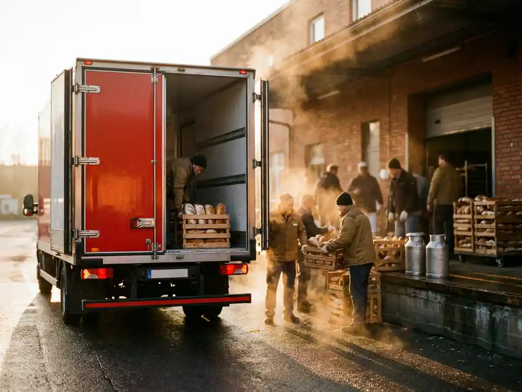 Roter Kühlwagen lädt frische Brotkisten und Milchbehälter an Bäckerei-Laderampe bei Morgenlicht