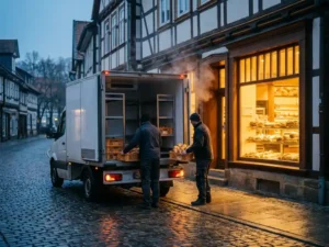 Weißer Kühllieferwagen vor traditioneller deutscher Bäckerei bei Morgendämmerung, frische Brotkisten werden verladen