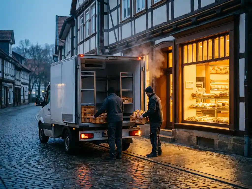 Weißer Kühllieferwagen vor traditioneller deutscher Bäckerei bei Morgendämmerung, frische Brotkisten werden verladen