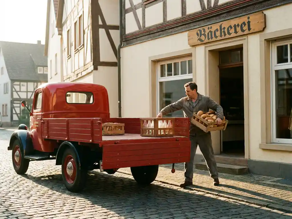 Roter Lieferwagen mit leeren Glasflaschen in Holzkisten vor deutscher Bäckerei, Fahrer lädt frische Brotkisten