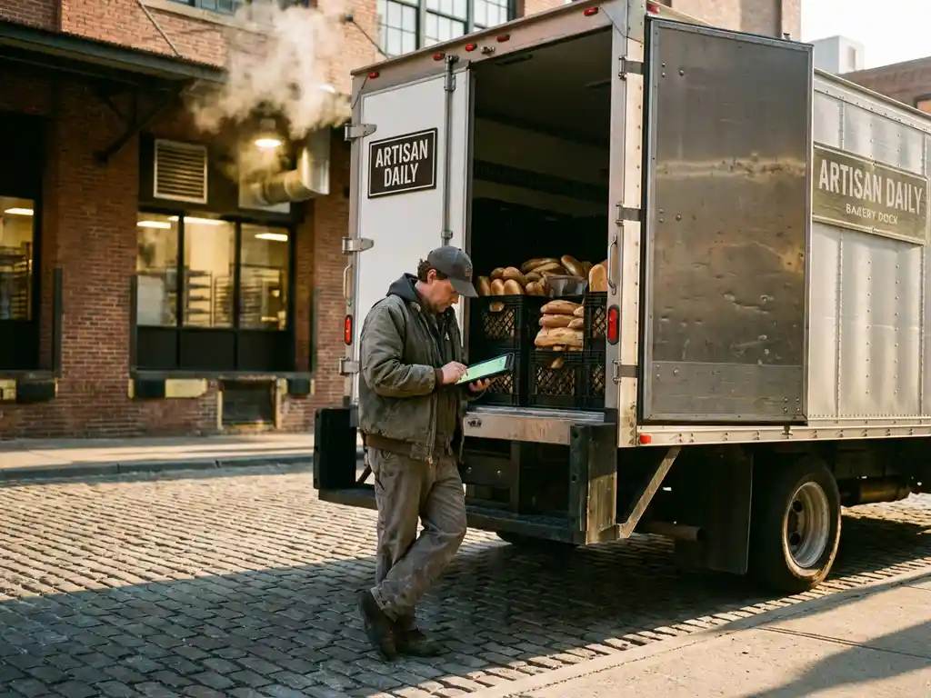 Lieferwagen an Bäckerei-Laderampe, Fahrer prüft GPS-Tablet neben offener Ladetür mit Brotkisten bei goldenem Sonnenlicht