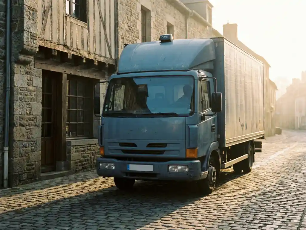 Lieferwagen mit GPS-Antenne auf dem Dach parkt im Morgengrauen vor einer rustikalen Bäckerei, langer Schatten auf Kopfsteinpflaster.
