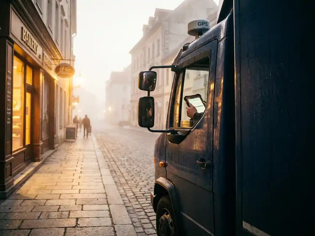 Lieferwagen vor einer Bäckerei im Morgengrauen, Fahrer prüft Tablet im Cockpit, GPS-Antenne auf dem Dach, goldenes Licht auf Kopfsteinpflaster.