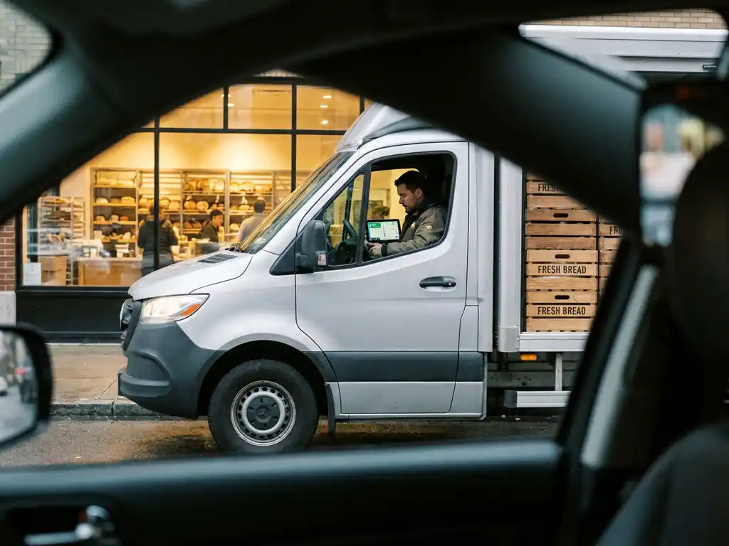 Lieferwagen vor Bäckerei, Fahrer prüft GPS-Gerät, Brotkisten im Laderaum, warmes Morgenlicht durch Fenster