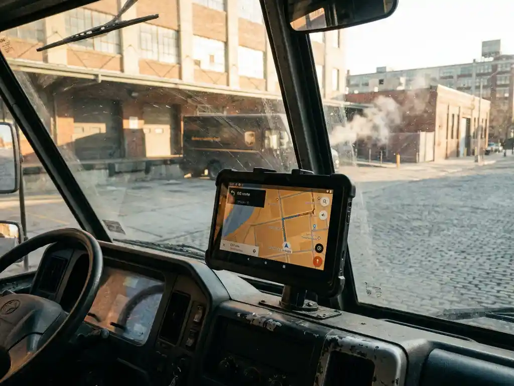 Lieferwagen am Bäckerei-Ladebereich mit Flottenmanagement-Tablet im Armaturenbrett, das eine GPS-Route anzeigt, im frühen Morgenlicht.