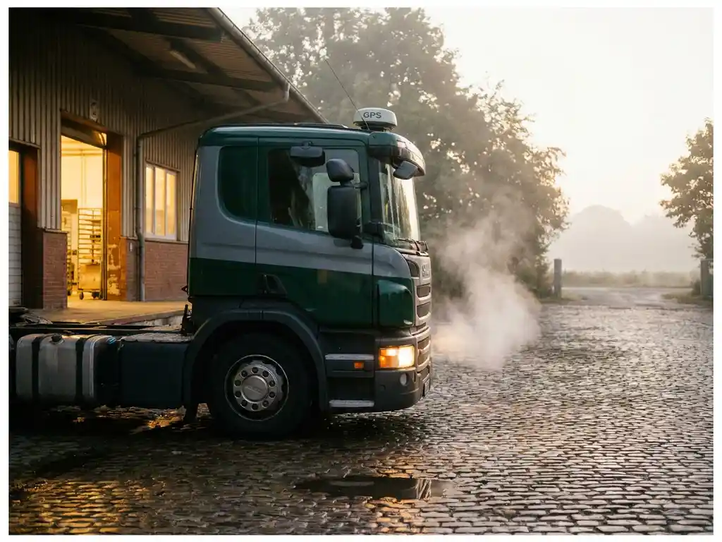 Schwerer Lieferwagen mit GPS-Antenne am Bäckerei-Ladebereich im Morgengrauen, Abgaswolke im kühlen Licht sichtbar.