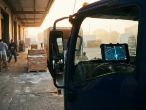 Lieferwagen an Bäckerei-Laderampe bei Sonnenaufgang, Tablet mit Routenkarte im Armaturenbrett, mehlbestäubte Holzkisten im Hintergrund.