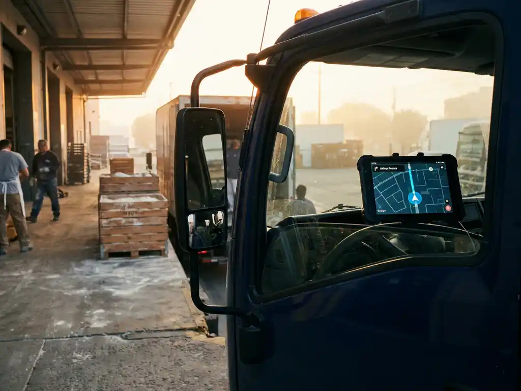 Lieferwagen an Bäckerei-Laderampe bei Sonnenaufgang, Tablet mit Routenkarte im Armaturenbrett, mehlbestäubte Holzkisten im Hintergrund.