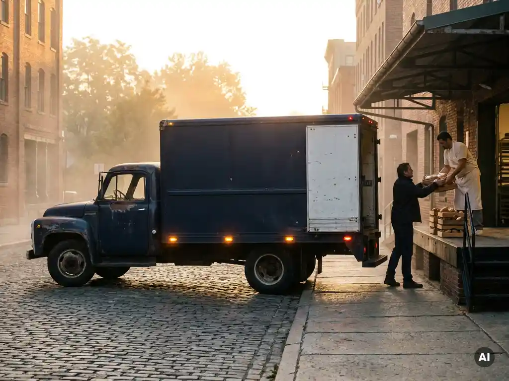 Lieferfahrer übergibt frische Backwaren an einer Bäckerei-Laderampe bei goldenem Sonnenaufgang auf Kopfsteinpflaster.