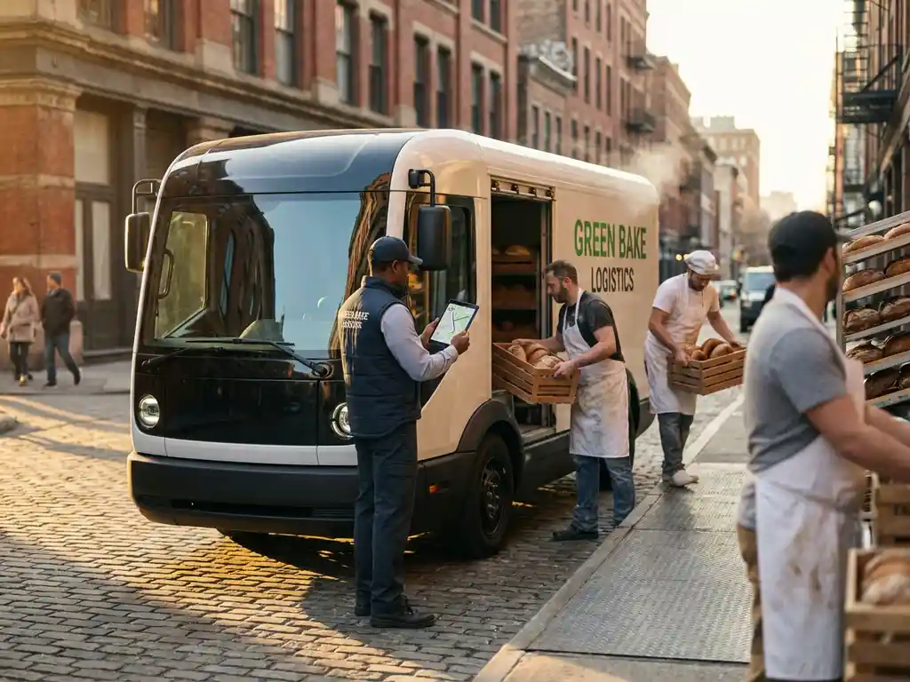 Moderner Lieferwagen an Bäckerei-Laderampe, Fahrer prüft Route auf Tablet während Brotladung im Morgenlicht
