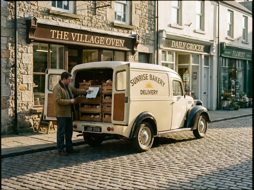 Lieferwagen vor Bäckerei, Fahrer prüft Routenplan neben geöffneten Türen voller Brotlieferungen auf Kopfsteinpflaster
