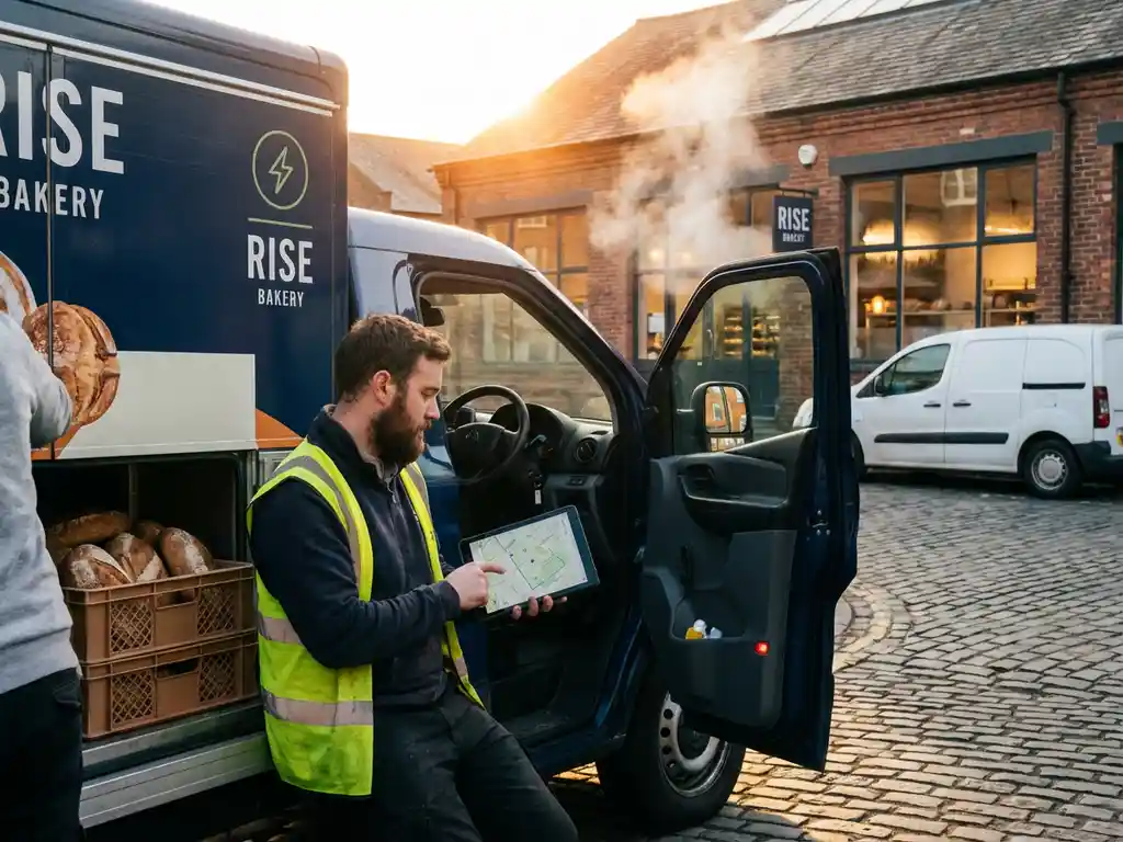 Lieferfahrer mit Tablet prüft Routenoptimierung vor Bäckerei, während frisches Brot in modernen Lieferwagen geladen wird