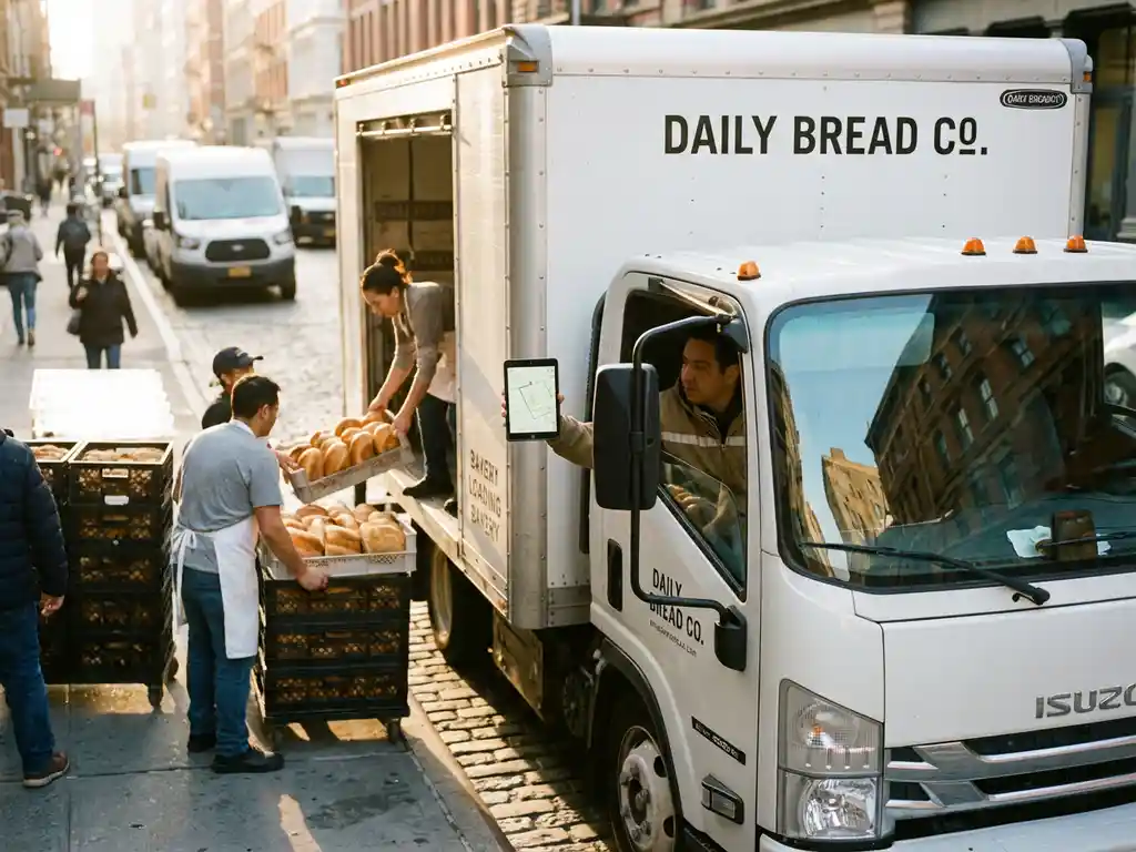 Weißer Lieferwagen an Bäckerei-Laderampe, Fahrer prüft Routenplan auf Tablet während Arbeiter Brotkisten einladen