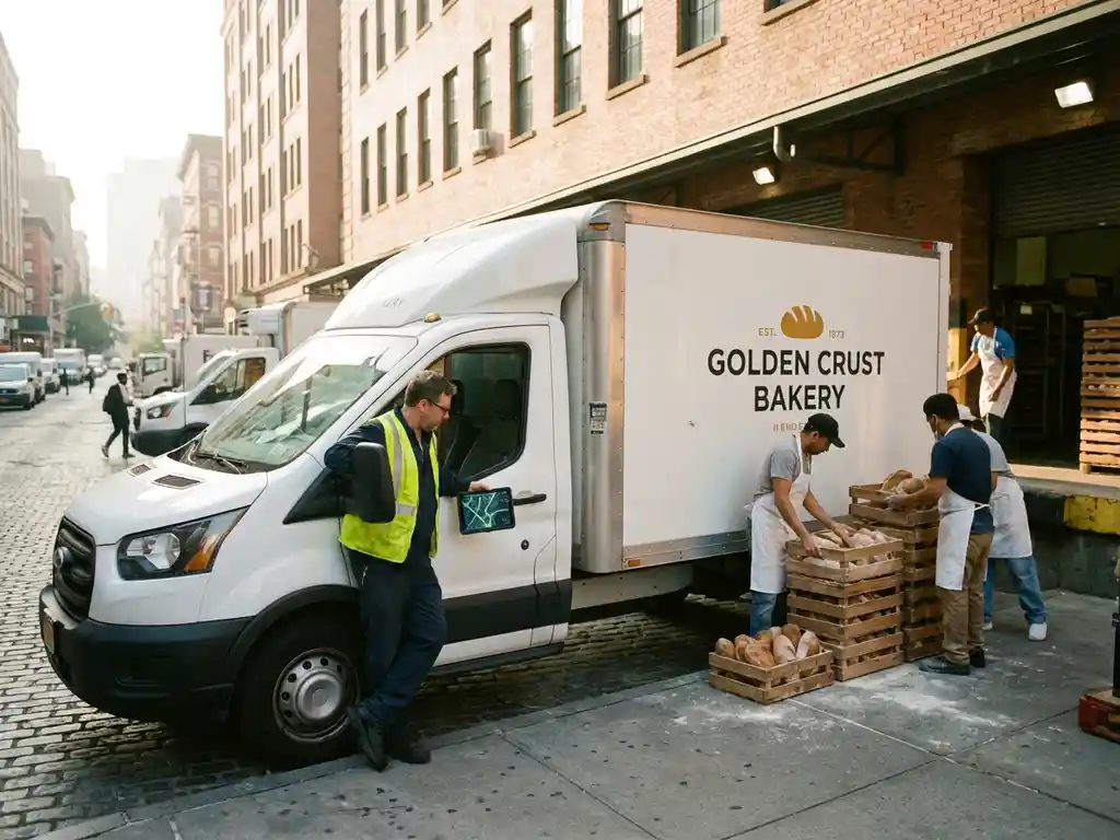 Lieferwagen an Bäckerei-Laderampe, Fahrer mit Tablet prüft Route während Arbeiter Brotkisten laden