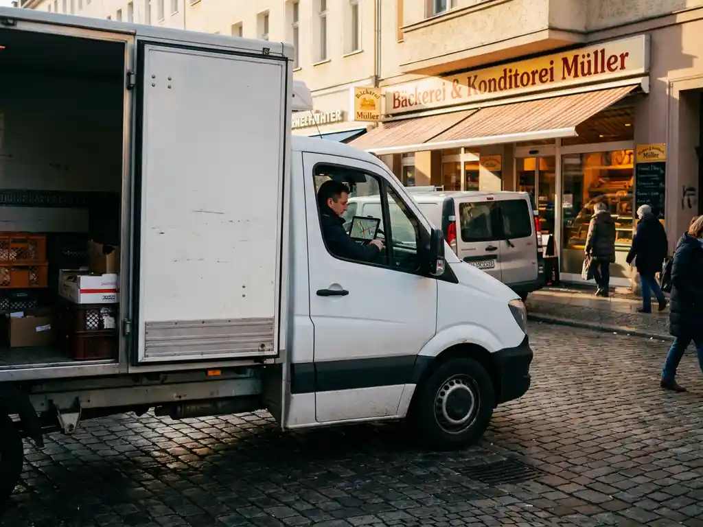 Weißer Lieferwagen mit geöffneten Hecktüren vor deutscher Bäckerei, Fahrer mit Tablet für Routenoptimierung